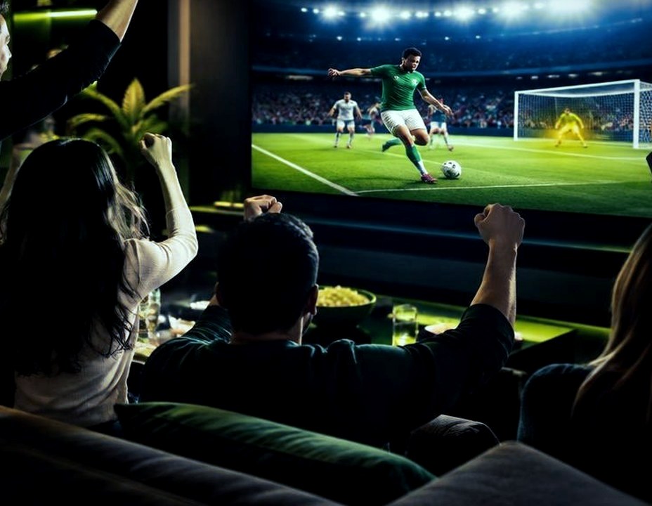 Friends cheering together while watching a live football match